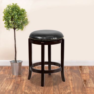Flash Furniture Margaret 24'' High Backless Cappuccino Wood Counter Height Stool with Black LeatherSoft Swivel Seat. View a larger version of this product image.