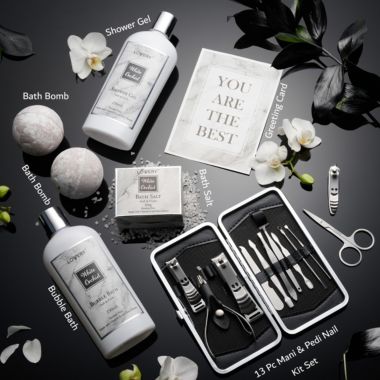 Lovery Spa Gifts - Bath & Body Gift Set - White Orchid Self Care Gift Basket in Marble Tub. View a larger version of this product image.