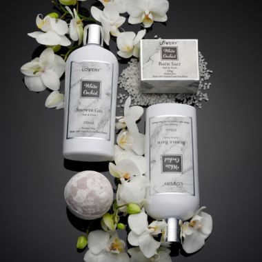 Lovery Spa Gifts - Bath & Body Gift Set - White Orchid Self Care Gift Basket in Marble Tub. View a larger version of this product image.