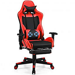 Costway PU Leather Gaming Chair with USB Massage Lumbar Pillow and Footrest-Red