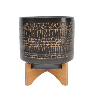 Kingston Living 12" Black and Beige Ceramic Glazed Planter with Stand. View a larger version of this product image.