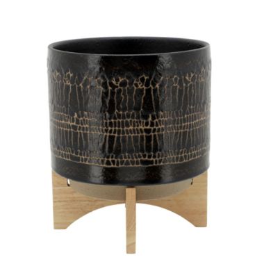 Kingston Living 12" Black and Beige Ceramic Glazed Planter with Stand. View a larger version of this product image.