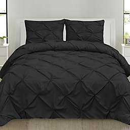 Sweet Home Collection   3 Piece Duvet Cover Pinch Pleat Pintuck Design with Zipper Closure and Shams, Queen, Black