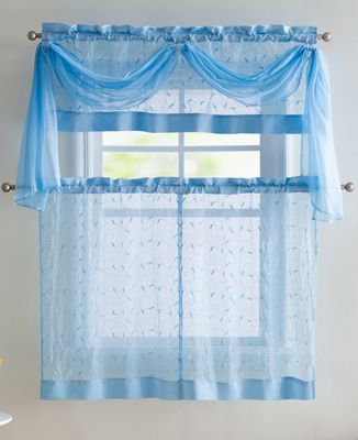 Kate Aurora Living Complete 4 Piece Linen Leaf Embroidered Complete Kitchen Curtain Set - 58 in. W x 36 in. L, Blue