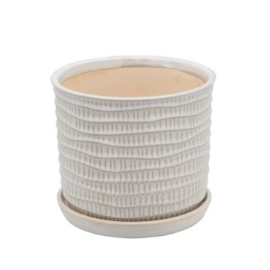 Kingston Living Set of 2 Ivory and Beige Textured Ceramic Planter with Saucer 8". View a larger version of this product image.