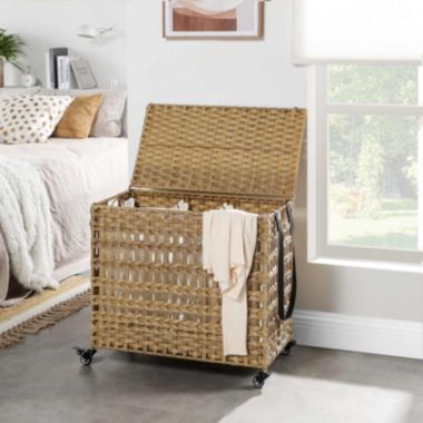 SONGMICS Handwoven Laundry Hamper, Rattan-Style Laundry Basket with 3 Removable Bags, Handles, Laundry Sorter with Lid, for Living Room, Bathroom, Laundry Room, Natural. View a larger version of this product image.