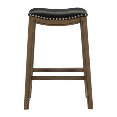 Lexicon 29"H Solid Wood Leather Upholstery Saddle Stool with Nailhead Trim, Brown Finish - Black Seat. View a larger version of this product image.