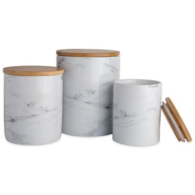 Contemporary Home Living Set of 3 Marble White and Beige Contemporary Assorted Canisters 11.75". View a larger version of this product image.