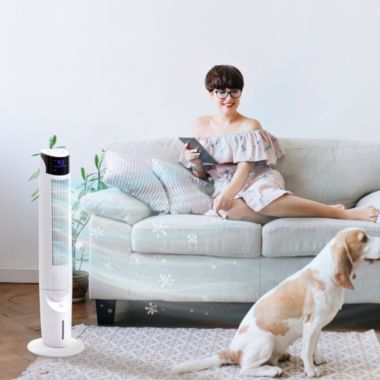 Halifax North America Ice Cooling Tower Fan, Standing Oscillating Fan with 3 Speeds, 4 Modes, 12 Hour Timer, LED Display and Remote Control for Bedroom, White. View a larger version of this product image.