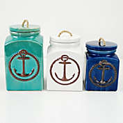 Contemporary Home Living Set of 3 Turquoise Green, White, and Blue Distressed Anchor Designed Canister 11"