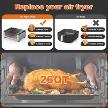 Geek chef Air Fryer Fry Oil-Free, Stainless Stee l6 Slice 26QT/26L Extra Large Toaster Convection Countertop Oven Combo Silver Color for  Roast, Bake, Broil, Reheat. View a larger version of this product image.