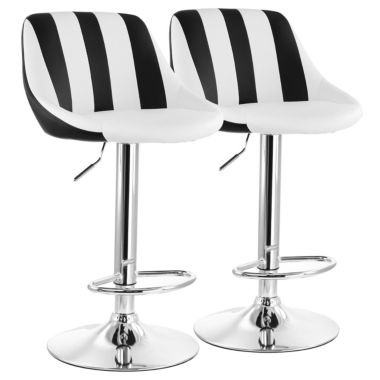 Elama 2 Piece Adjustable Faux Leather Bar Stool in Striped Black and White with Chrome Base. View a larger version of this product image.