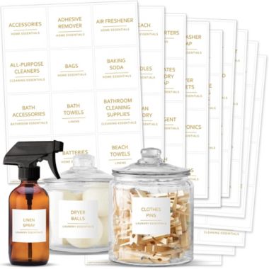 Talented Kitchen 144 Minimalist Laundry Room Labels for Containers, Preprinted Gold Print All Caps White Vinyl Square Household Organization Stickers + Numbers for Linen Closet, Glass Cleaning Bottles (Water Resistant). View a larger version of this product image.