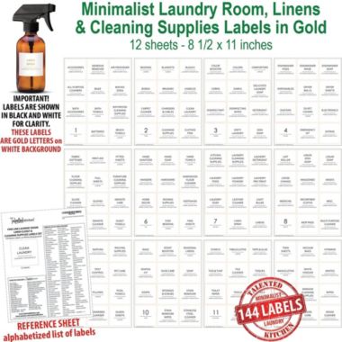 Talented Kitchen 144 Minimalist Laundry Room Labels for Containers, Preprinted Gold Print All Caps White Vinyl Square Household Organization Stickers + Numbers for Linen Closet, Glass Cleaning Bottles (Water Resistant). View a larger version of this product image.