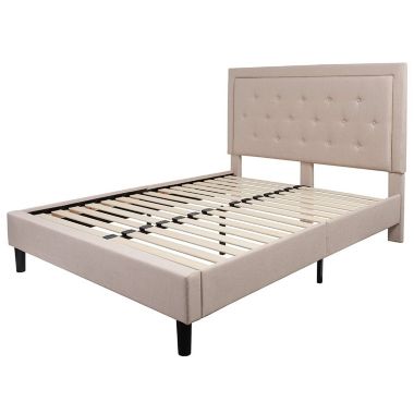 Slickblue Queen Beige Upholstered Platform Bed Frame with Button Tufted Headboard. View a larger version of this product image.