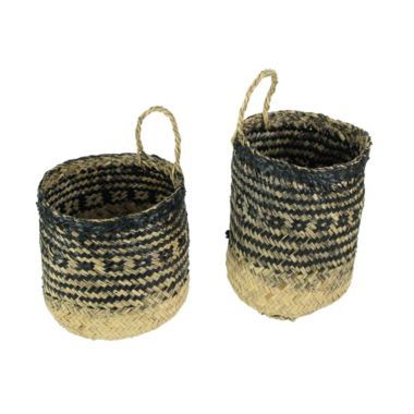 Things2Die4 Set of 2 Geometric Pattern Hand-Woven Seagrass Round Baskets Bohemian Decor. View a larger version of this product image.