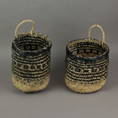 Things2Die4 Set of 2 Geometric Pattern Hand-Woven Seagrass Round Baskets Bohemian Decor. View a larger version of this product image.
