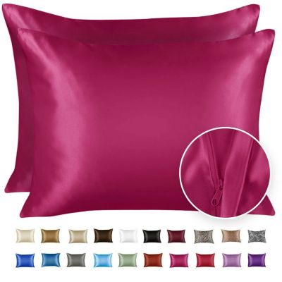 SHOPBEDDING Silky Satin Pillowcase for Hair and Skin - Queen Satin Pillow Case with Zipper, Raspberry (Pillowcase Set of 2) By BLISSFORD