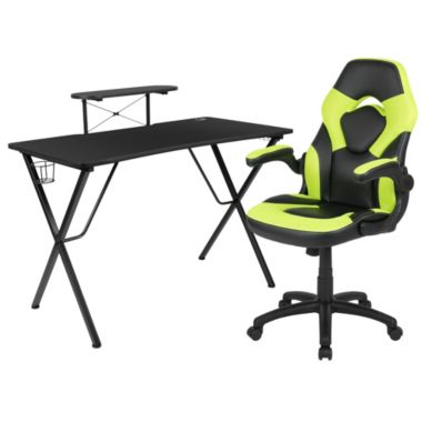 Flash Furniture 51.5" Black and Green Racing Gaming Desk with Reclining Chair. View a larger version of this product image.