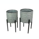 Alternate image 0 for Napco Imports Set of 2 Galvanized Zinc Finish Leaf Pattern Stamped Metal Planters With Wooden Stands