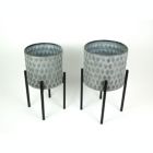 Alternate image 1 for Napco Imports Set of 2 Galvanized Zinc Finish Leaf Pattern Stamped Metal Planters With Wooden Stands