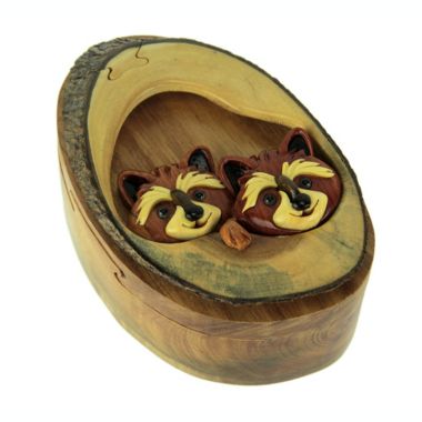 World Designs Hand Carved Wood 3D Raccoon Friends Puzzle Trinket Box. View a larger version of this product image.