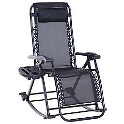 Outsunny Zero Gravity Reclining Lounge Chair Patio Folding Rocker w/ Side Tray Slot Backrest Pillow Cup Phone Holder Black