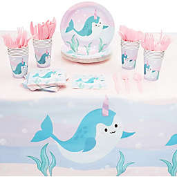 Blue Panda Narwhal Party Pack, Plates, Napkins, Cups, Cutlery, Tablecloth (Serves 24, 145 Pieces)