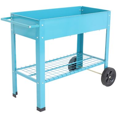 Sunnydaze Outdoor Galvanized Steel Raised Mobile Elevated Planter Cart with Handlebar and Wheels - 43" - Blue. View a larger version of this product image.