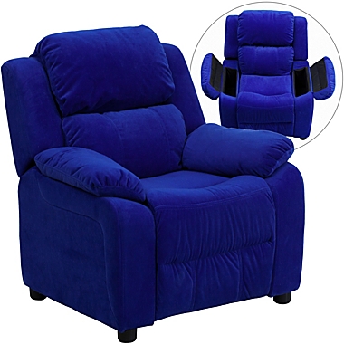 Flash Furniture Charlie Deluxe Padded Contemporary Blue Microfiber Kids Recliner with Storage Arms. View a larger version of this product image.
