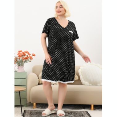 Agnes Orinda Women's Plus Size Nightgown Polka Dots Short Sleeve Pajamas Nightgowns, Leisure Polyester Round Neck Baby doll Sleepwear Cami Dress, 2X Black. View a larger version of this product image.
