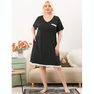 Agnes Orinda Women's Plus Size Nightgown Polka Dots Short Sleeve Pajamas Nightgowns, Leisure Polyester Round Neck Baby doll Sleepwear Cami Dress, 2X Black. View a larger version of this product image.