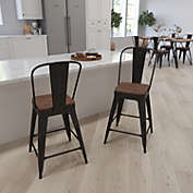 Merrick Lane Amsterdam 24 Inch Tall Black Metal Counter Bar Stool With Curved Slatted Back And Textured Wood Seat