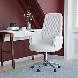 Emma + Oliver High Back Traditional Tufted White LeatherSoft Swivel Office Chair with Arms