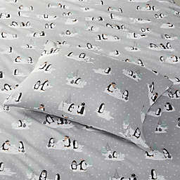 True North by Sleep Philosophy 100% Cotton Pigment Printed Cotton Flannel Sheet Set - Queen - Grey Penguins