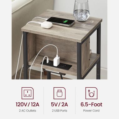 VASAGLE Side Table with Charging Station, 3-Tier End Table with USB Ports and Outlets, Nightstand for Living Room, Bedroom, 11.8 x 13.4 x 22.8 Inches, Plug-in Series, Greige and Black. View a larger version of this product image.