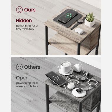 VASAGLE Side Table with Charging Station, 3-Tier End Table with USB Ports and Outlets, Nightstand for Living Room, Bedroom, 11.8 x 13.4 x 22.8 Inches, Plug-in Series, Greige and Black. View a larger version of this product image.