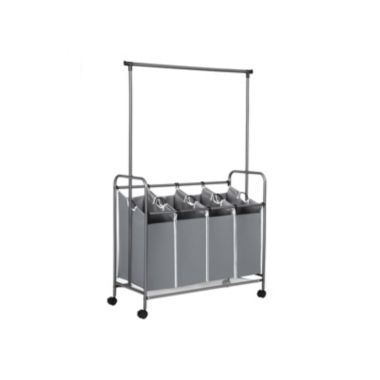 SONGMICS 4-Bag Laundry Sorter, Rolling Laundry Cart with Hanging Bar, Heavy-Duty Wheels, Gray. View a larger version of this product image.