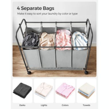 SONGMICS 4-Bag Laundry Sorter, Rolling Laundry Cart with Hanging Bar, Heavy-Duty Wheels, Gray. View a larger version of this product image.