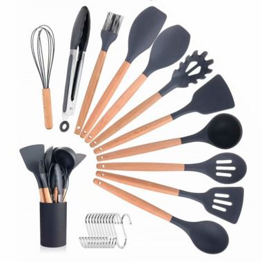 Wango 11-Pieces Silicone Cooking Utensil Set with Wooden Handles in Black. View a larger version of this product image.