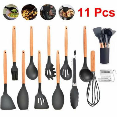 Wango 11-Pieces Silicone Cooking Utensil Set with Wooden Handles in Black. View a larger version of this product image.