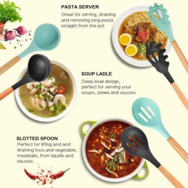 Wango 11-Pieces Silicone Cooking Utensil Set with Wooden Handles in Black. View a larger version of this product image.