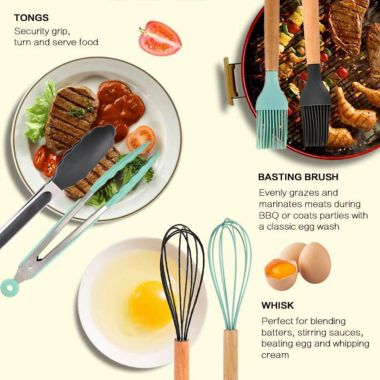 Wango 11-Pieces Silicone Cooking Utensil Set with Wooden Handles in Black. View a larger version of this product image.