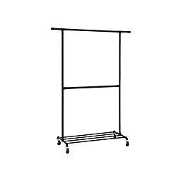 SONGMICS Industrial Style Clothes Garment Rack on Wheels, Double Hanging Rod Metal Clothing Rack, Heavy Duty Commercial Display, Black