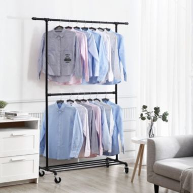 SONGMICS Industrial Style Clothes Garment Rack on Wheels, Double Hanging Rod Metal Clothing Rack, Heavy Duty Commercial Display, Black. View a larger version of this product image.