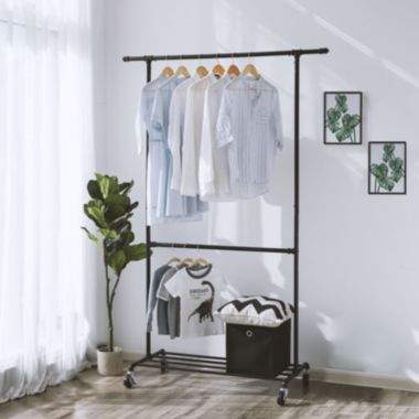 SONGMICS Industrial Style Clothes Garment Rack on Wheels, Double Hanging Rod Metal Clothing Rack, Heavy Duty Commercial Display, Black. View a larger version of this product image.