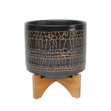 Kingston Living 9" Black and Beige Ceramic Glazed Planter with Stand. View a larger version of this product image.