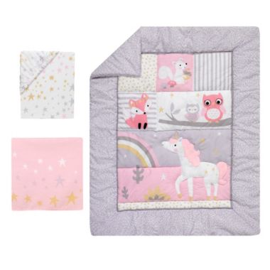 Bedtime Originals Rainbow Unicorn with Fox, Squirrel and Owls Pink/Purple 3-Piece Baby Nursery Crib Bedding Set. View a larger version of this product image.