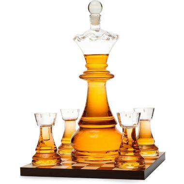Chess Decanter Set by The Wine Savant - Queen Chess Decanter 750ml 12" H With 2 Rook Shot Glasses 4oz - Queen's Gambit, Chess Player Gifts, Holiday and Birthday Gift for Chess, Whiskey, Wine Lovers!. View a larger version of this product image.