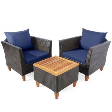 Costway 3 Pieces Patio Rattan Bistro Furniture Set with Wooden Table Top-Navy. View a larger version of this product image.